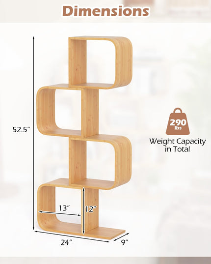 Giantex 4-Tier S-Shaped Bamboo Bookshelf with 4 Open Cubes