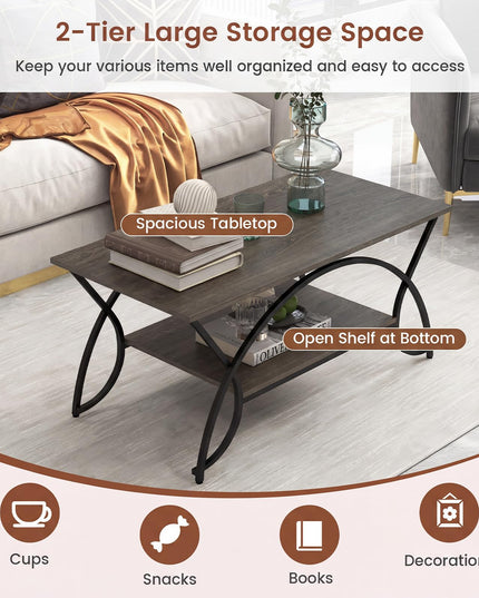 Giantex Table Basse en Bois de 39,5" avec Étagère de Rangement Ouverte et Cadre en Métal Finition Noire