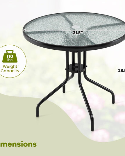 Giantex 31.5" Patio Round Dining Table with Tempered Glass Tabletop & 2" Umbrella Hole