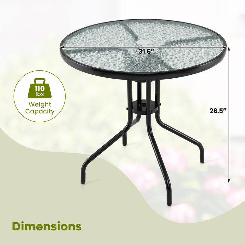 Giantex 31.5" Patio Round Dining Table with Tempered Glass Tabletop & 2" Umbrella Hole