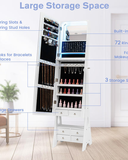 Jewelry Armoire with Full Length Door Mirror & Inside Lighted Vanity Mirror