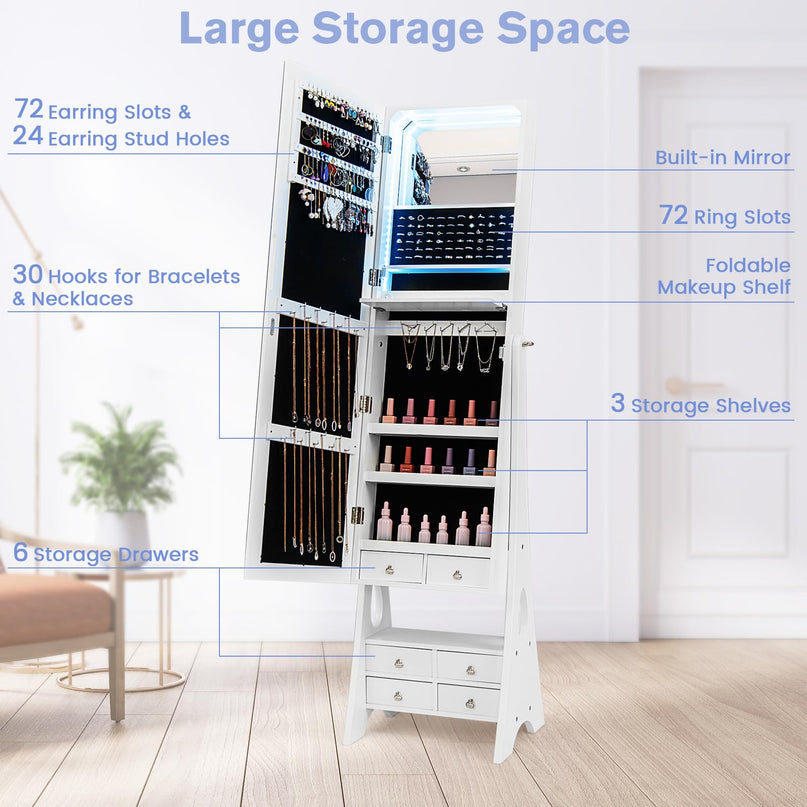 Jewelry Armoire with Full Length Door Mirror & Inside Lighted Vanity Mirror