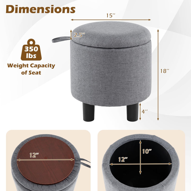 Giantex Round Ottoman with Storage Linen Fabric Upholstered