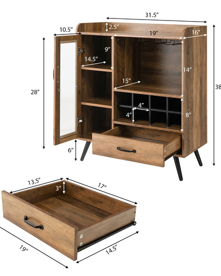 Giantex Buffet Sideboard with Drawer, Wine Cabinet for 8 Bottles, Glass Holder, 3 Tier Cupboard Tempered Glass Door (Rustic Brown & Black)