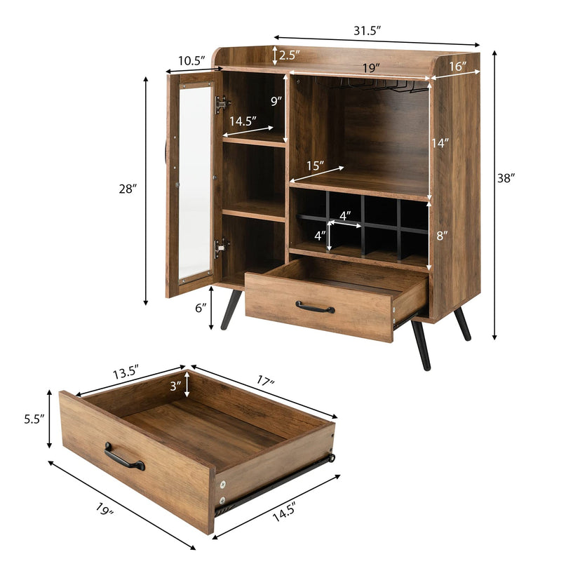 Giantex Buffet Sideboard with Drawer, Wine Cabinet for 8 Bottles, Glass Holder, 3 Tier Cupboard Tempered Glass Door (Rustic Brown & Black)