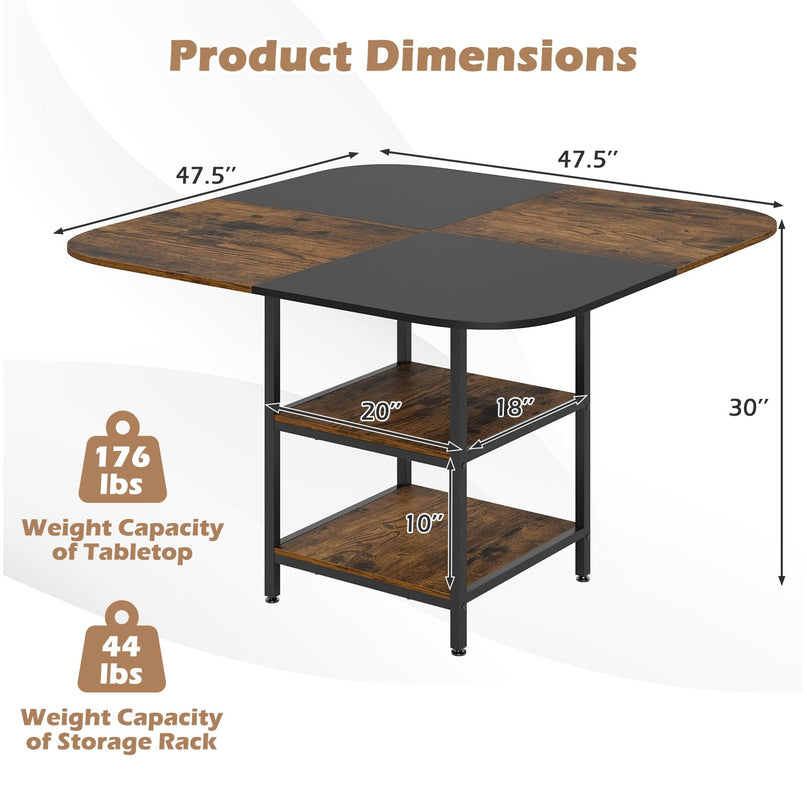 Table à manger carrée Giantex de 120,6 cm pour 4 personnes avec étagère de rangement à 2 niveaux