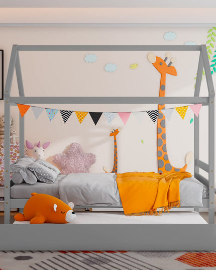 Giantex House Bed with Trundle, Solid Wood Twin Size Daybed for Girls & Boys