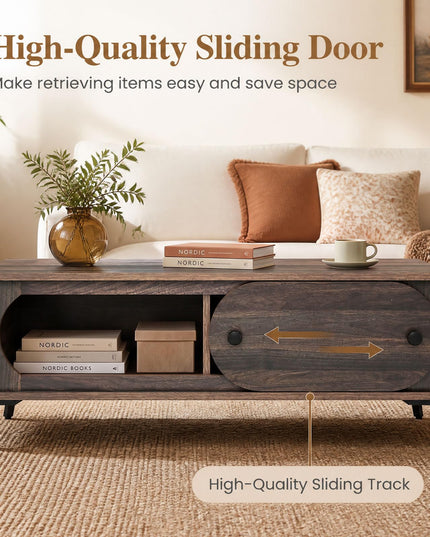 Giantex Mid Century Modern Coffee Table with Storage & Sliding Door