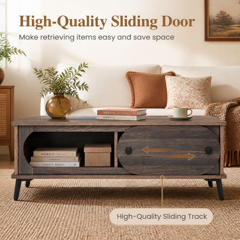 Giantex Mid Century Modern Coffee Table with Storage & Sliding Door