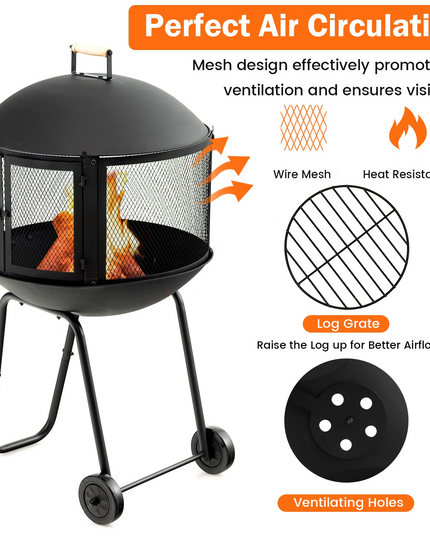 Giantex 28” Portable Fire Pit on Wheels - Mobile Wood Burning Firepit with Log Grate
