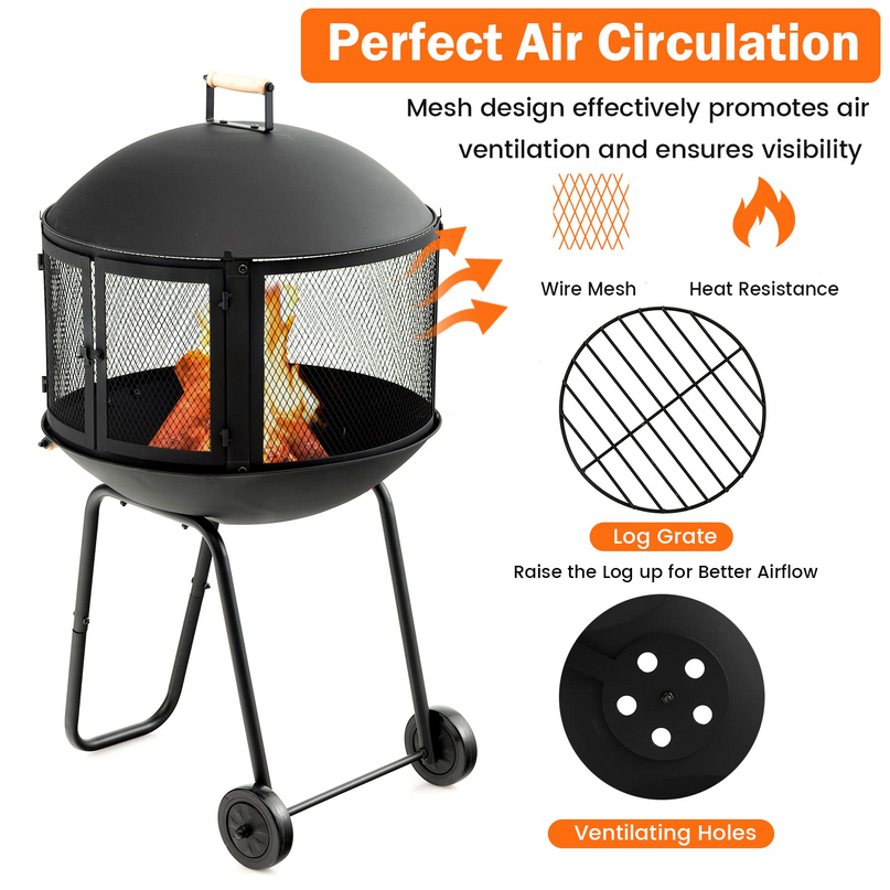 Giantex 28” Portable Fire Pit on Wheels - Mobile Wood Burning Firepit with Log Grate