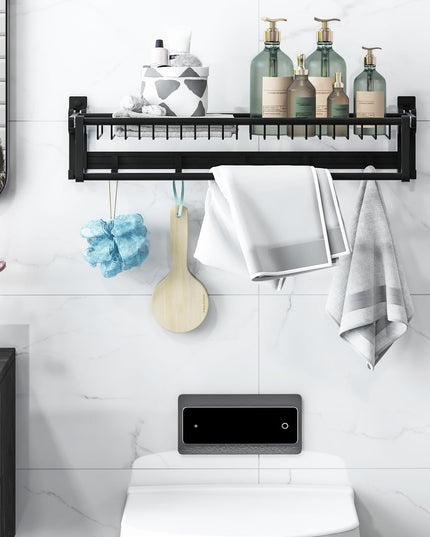 Giantex Foldable Towel Rack for Bathroom, Wall Mounted Towel Holder Organizer w/ 1 Basket, 1 Towel Bar & 5 Sliding Hooks