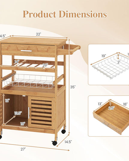 GIANTEX 27" Bamboo Kitchen Island Cart with Storage