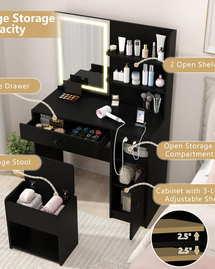 CHARMAID Vanity Desk with Charging Station and Storage Stool for Bedroom