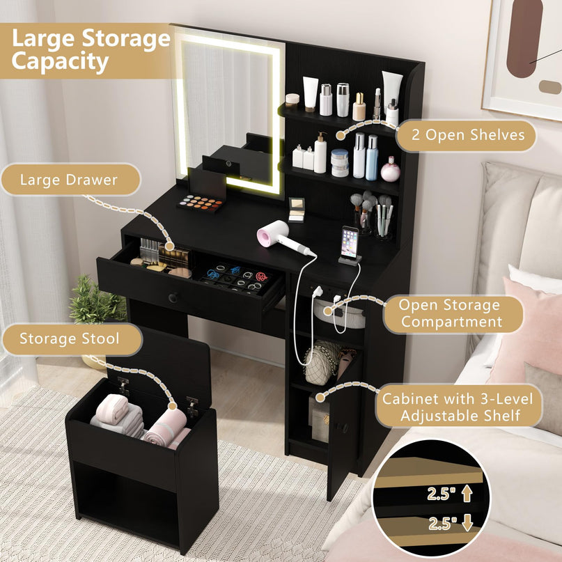 CHARMAID Vanity Desk with Charging Station and Storage Stool for Bedroom