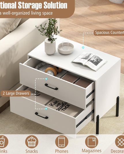 Table de chevet moderne Giantex à 2 tiroirs avec pieds et poignées en métal, kits anti-basculement