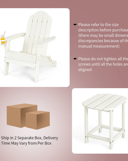 Adirondack Chair with Side Table, Outdoor Fire Pit Chair Set with End Table, White