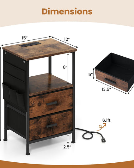 Table de chevet Giantex avec station de recharge | Table d'appoint de canapé à LED avec 2 tiroirs en tissu pliable