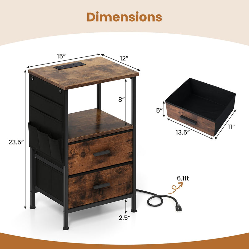 Table de chevet Giantex avec station de recharge | Table d'appoint de canapé à LED avec 2 tiroirs en tissu pliable