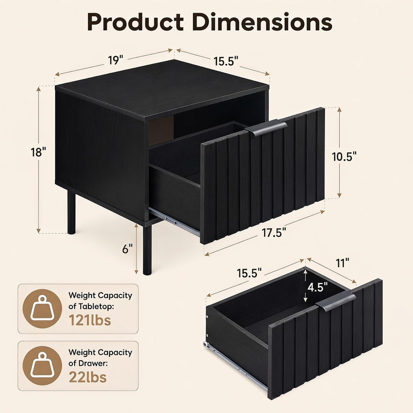 GIANTEX Black Modern Nightstand w/Vertical-Striped Storage Drawer