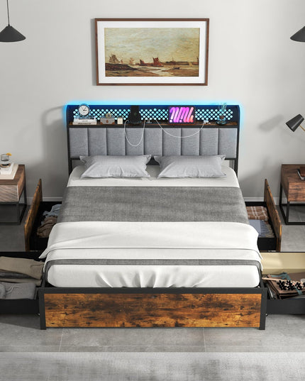 Giantex LED Bed Frame with Charging Station, Metal Platform Bed with Upholstered Headboard & 4 Storage Drawers