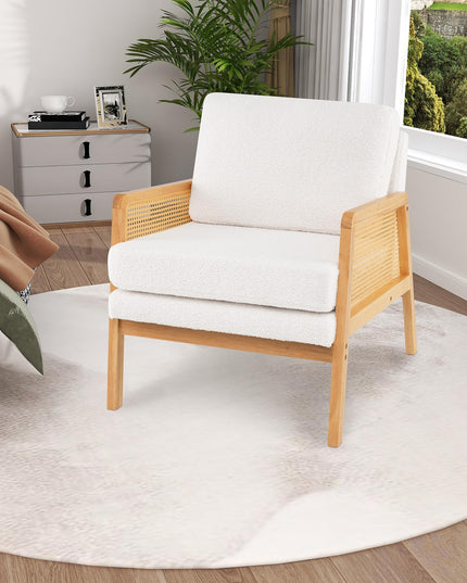 Giantex Mid Century Modern Accent Chair, Boho Boucle Living Room Arm Chair w/Rattan Arms
