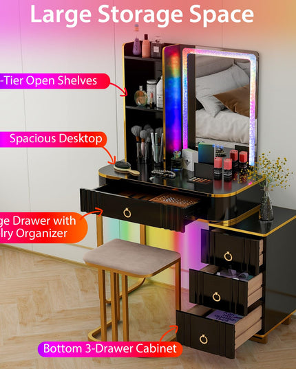 CHARMAID RBG LED Makeup Vanity Table, Colorful Lighted Mirror, 7 Dynamic & 7 Static Modes, 3-Drawer Chest