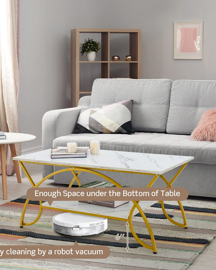 Table basse rectangulaire à 2 niveaux Giantex, table de cocktail moderne chic avec étagère de rangement ouverte, blanc/doré