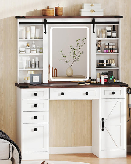 CHARMAID Farmhouse Vanity Table with Barn-Style Sliding Lighted Mirror