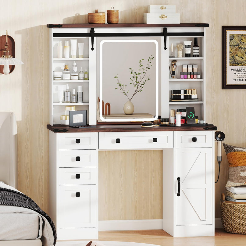CHARMAID Farmhouse Vanity Table with Barn-Style Sliding Lighted Mirror
