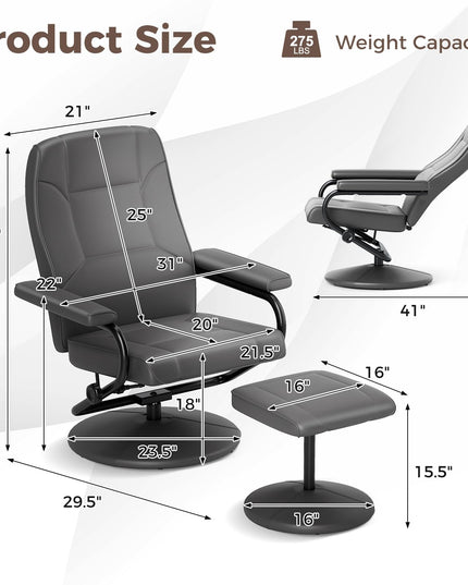 Giantex Recliner Chair with Ottoman, 360 Degree Swivel Leather Reclining Chair with Stable Steel Base