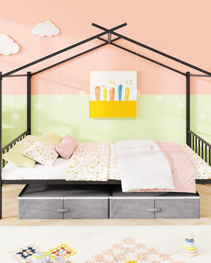 Giantex Metal Montessori Full Size House Bed with 2 Storage Drawers Noise Free