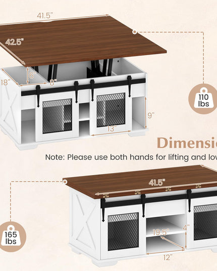 Table basse relevable de style rustique Giantex avec 2 portes coulissantes de grange et 3 compartiments de rangement cachés