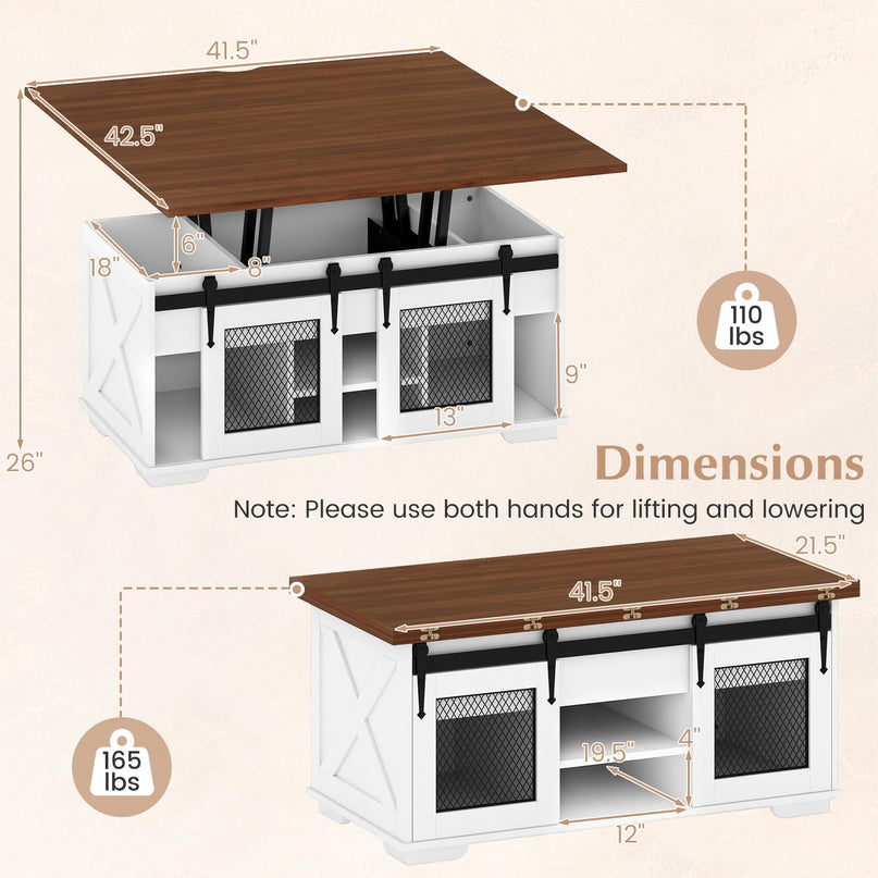 Giantex Farmhouse Lift Top Coffee Table with 2 Sliding Barn Doors & 3 Hidden Storage Compartments