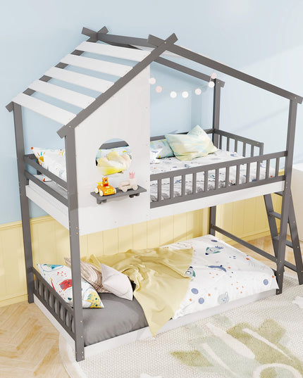 Giantex Solid Wood Floor Bunk Bed with Ladder and Full-Length Guardrails