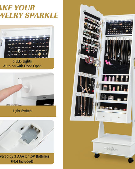 CHARMAID 6 LEDs Rolling Jewelry Cabinet with High Full Length Mirror, Lockable Standing Jewelry Armoire with Wheels
