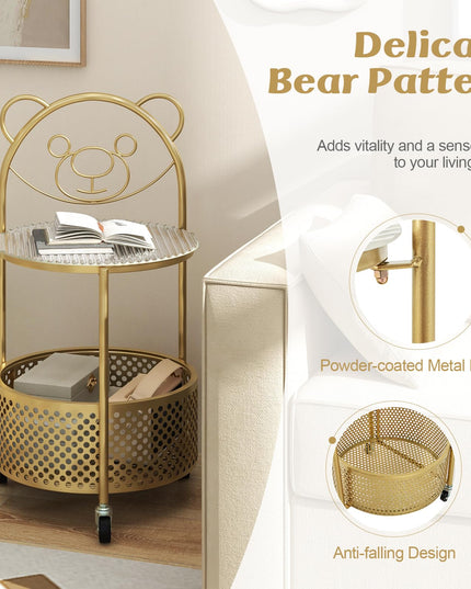 Giantex Mobile Glass Coffee Table, 2-Tier Round End Table with Bear Pattern, Storage Basket, Metal Frame