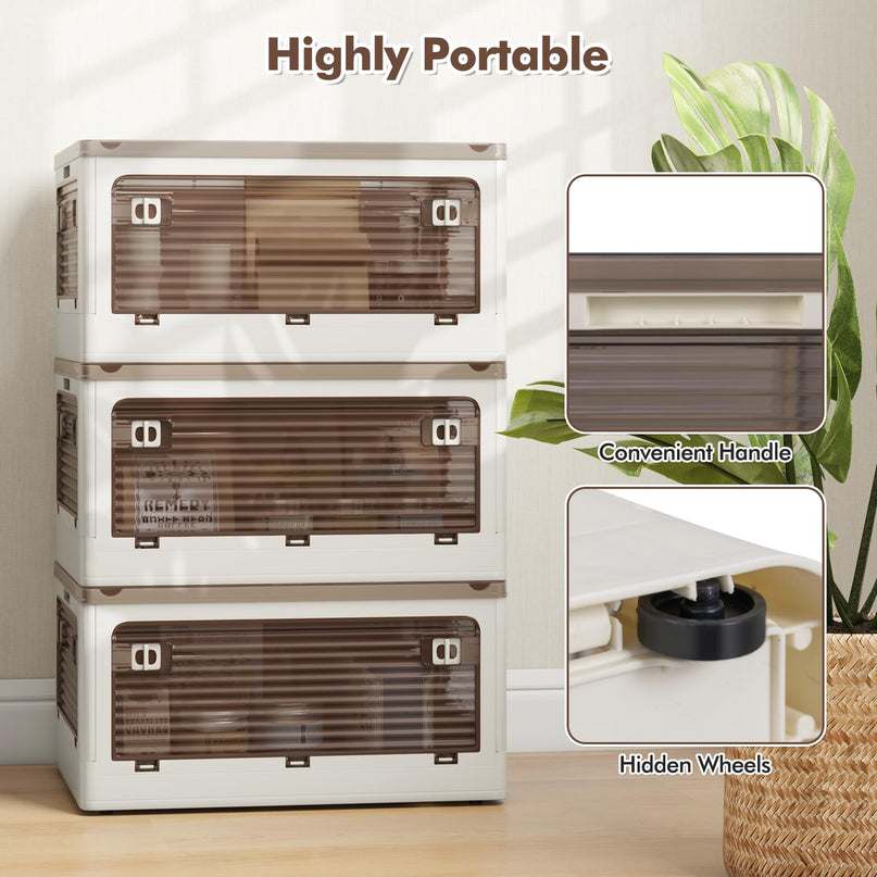 Giantex Storage Bins with Lids and Hidden Wheels, 3/6 Pack Stackable Collapsible Storage Boxes with 5 Opening Doors