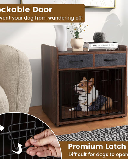 Giantex Dog Crate Furniture - Wooden Dog Cage End Table with 2 Storage Drawers