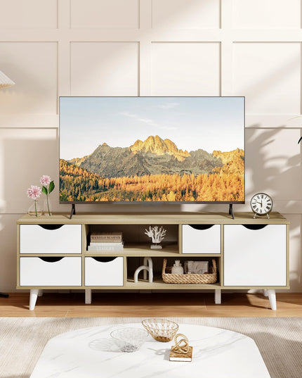 Giantex TV Stand for 55 Inches TVs, Mid Century Modern Entertainment Center with 4 Drawers, 1 Cabinet, Adjustable Shelf, 2 Compartments