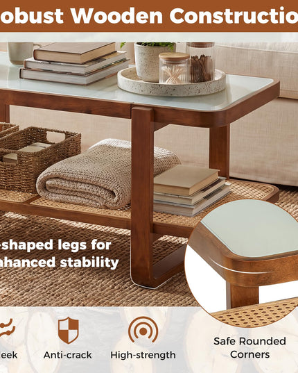 Giantex Rattan Coffee Table with Tempered Glass Top and Storage Shelf