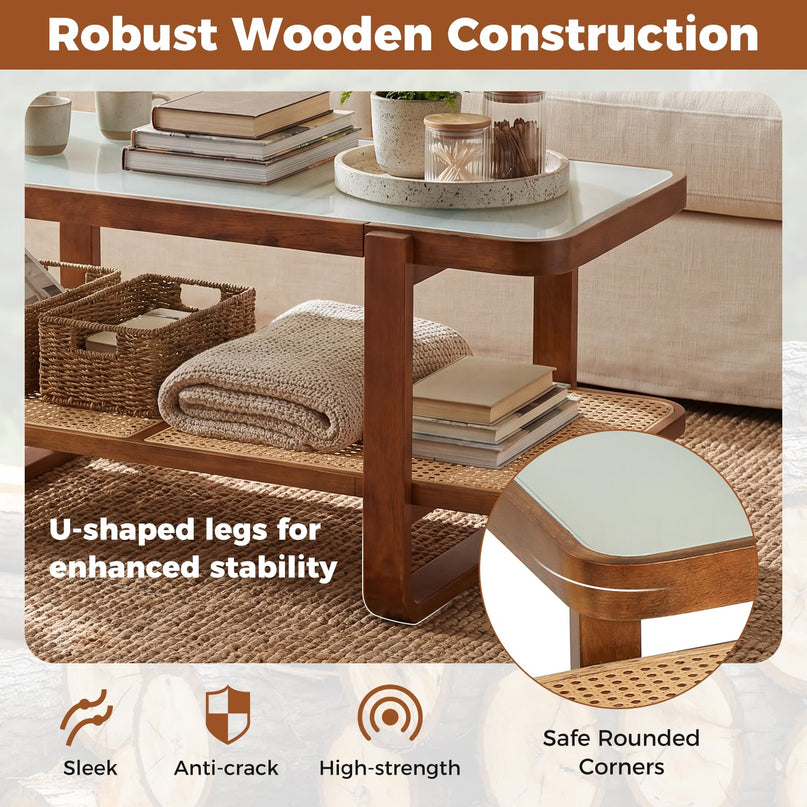 Giantex Rattan Coffee Table with Tempered Glass Top and Storage Shelf