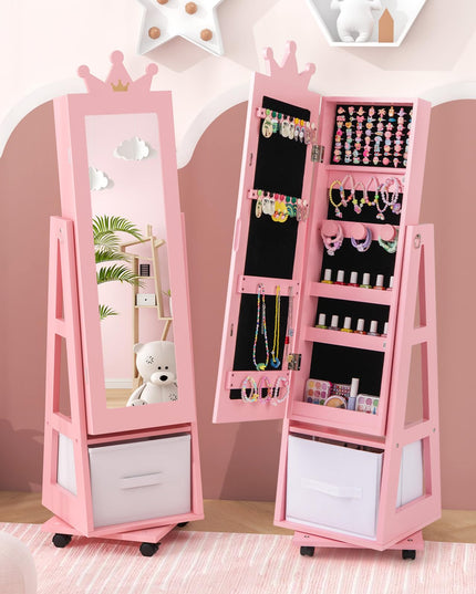 CHARMAID 360° Swivel Kids Jewelry Cabinet, 48" Standing Jewelry Organizer with Full Length Mirror, Storage Drawer