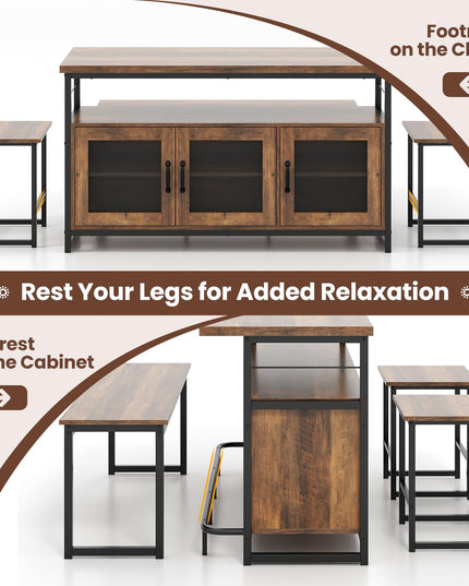 Giantex Dining Table Set for 4, Kitchen Island with Seating Bench & Stools, Storage Cabinet, 3-Position Adjustable Shelves