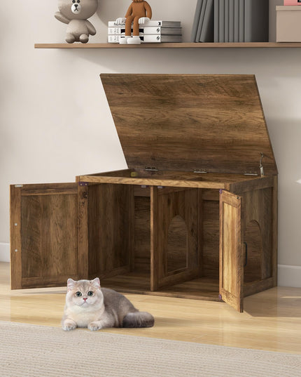 Giantex Cat Litter Box Enclosure - Flip Top Litter Box Hidden Furniture with Barn Door, Side Entrance