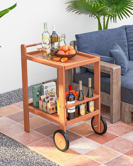 Giantex Wood Bar Cart 2 Tier Side Table with Large Wheels & Wine Bottle Rack