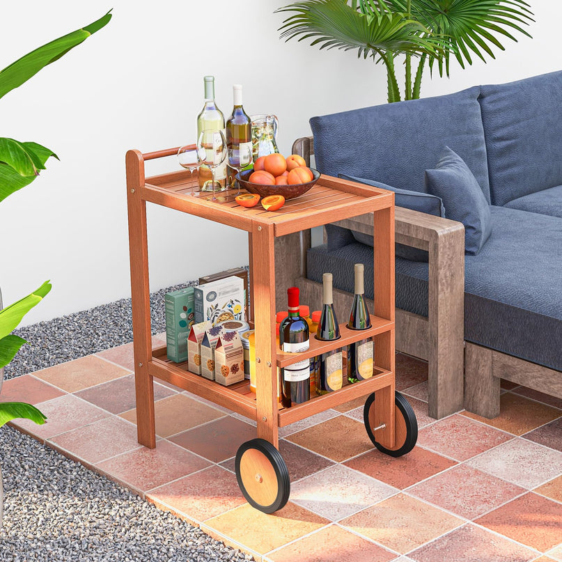 Giantex Wood Bar Cart 2 Tier Side Table with Large Wheels & Wine Bottle Rack