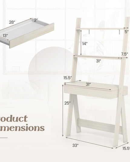 Giantex 3 Tier Ladder Desk with Drawer, 33’’ Width Ladder Shelf with Anti-tipping Device, Freestanding Bookshelf