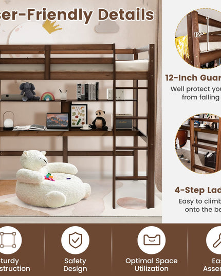 Giantex Twin Loft Bed with Desk and Bookshelf, Wooden Bed Frame with Safety Guardrail & Ladder