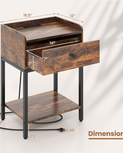 Table de chevet Giantex avec station de recharge, table de nuit industrielle avec tiroir de rangement et étagère ouverte